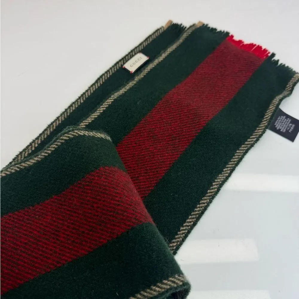 Gucci Classic Web Stripe Wool Fringe Scarf